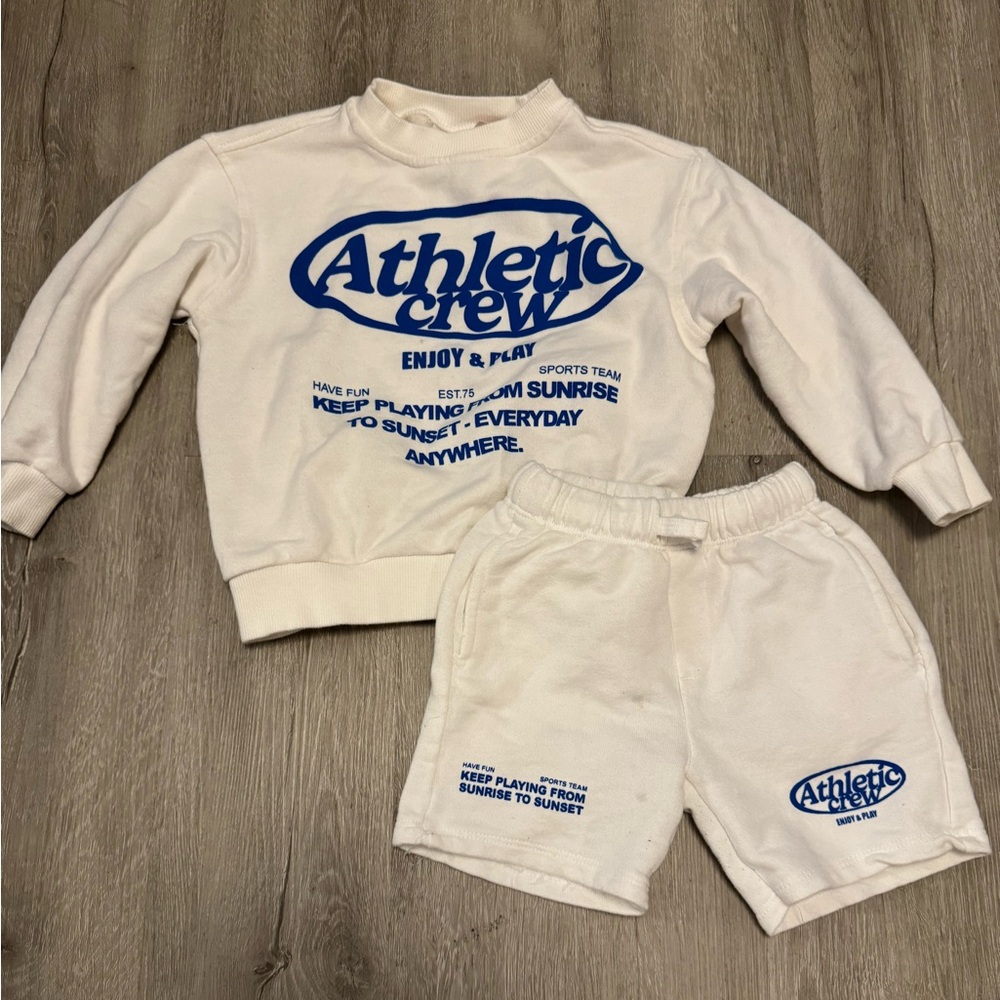 Zara Kids White and Blue Athletic Crew Sweatshirt and shorts